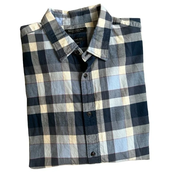 Banana Republic Luxe Flannel Grant Fit Navy/Blue/White w/ Red Stripe Men's XL - Picture 3 of 10